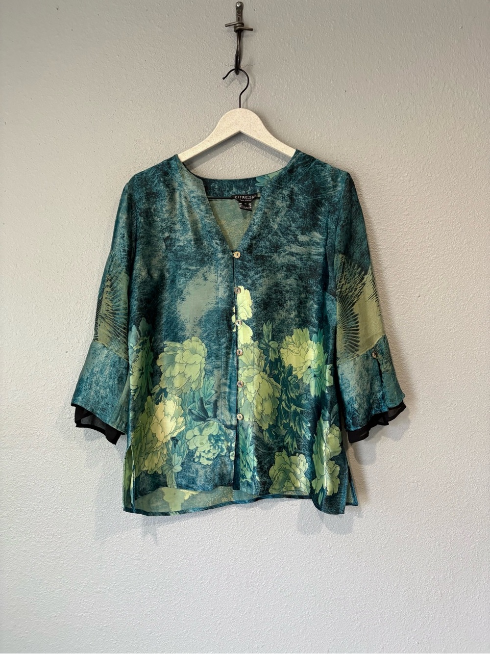 Citron Santa Monica 100% Silk Floral Sheer Panel Blouse Top size medium
